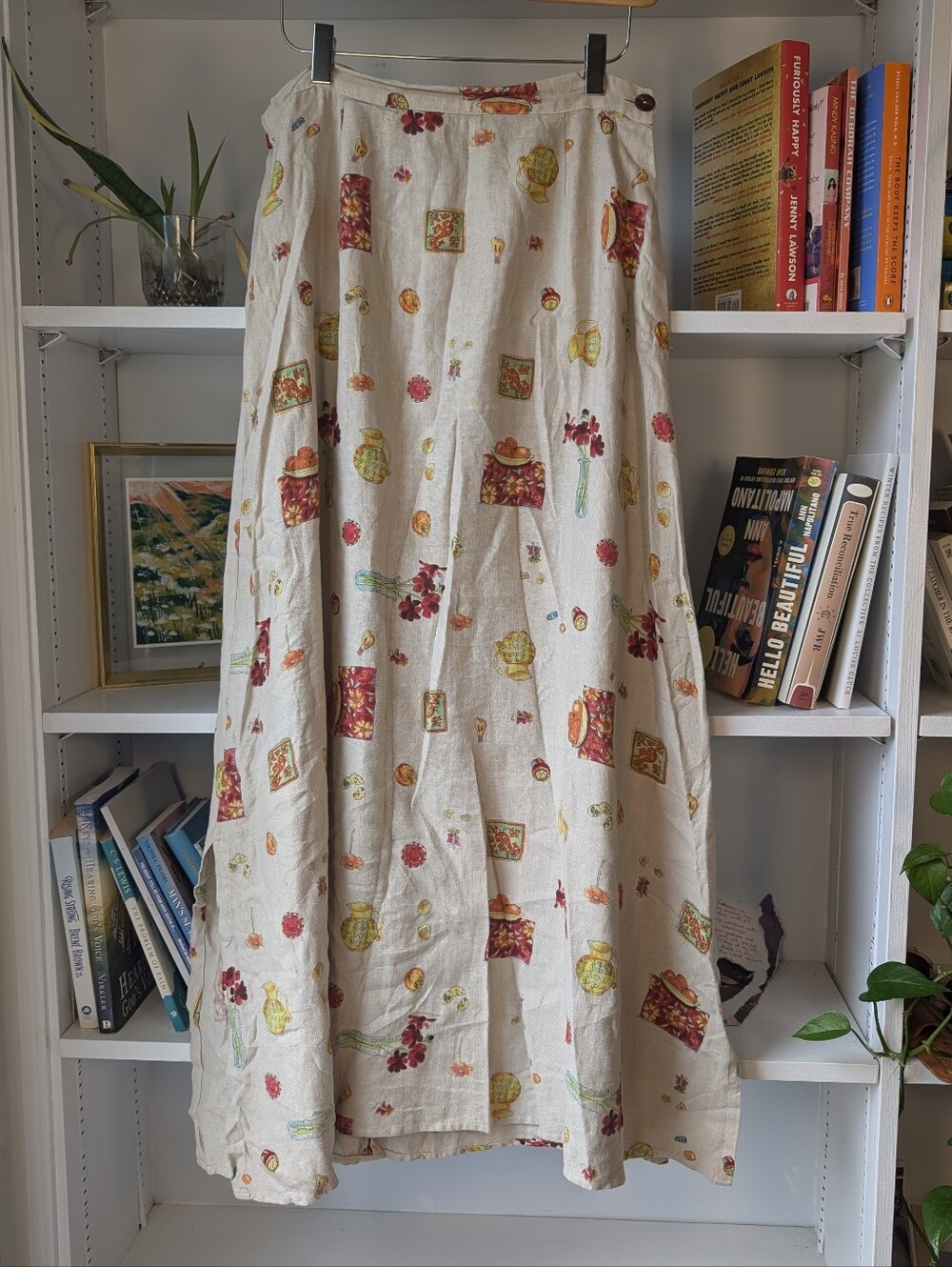 Vintage Linen Midi Skirt Cream Fruit Floral Print Size Medium Artsy Boho Natural